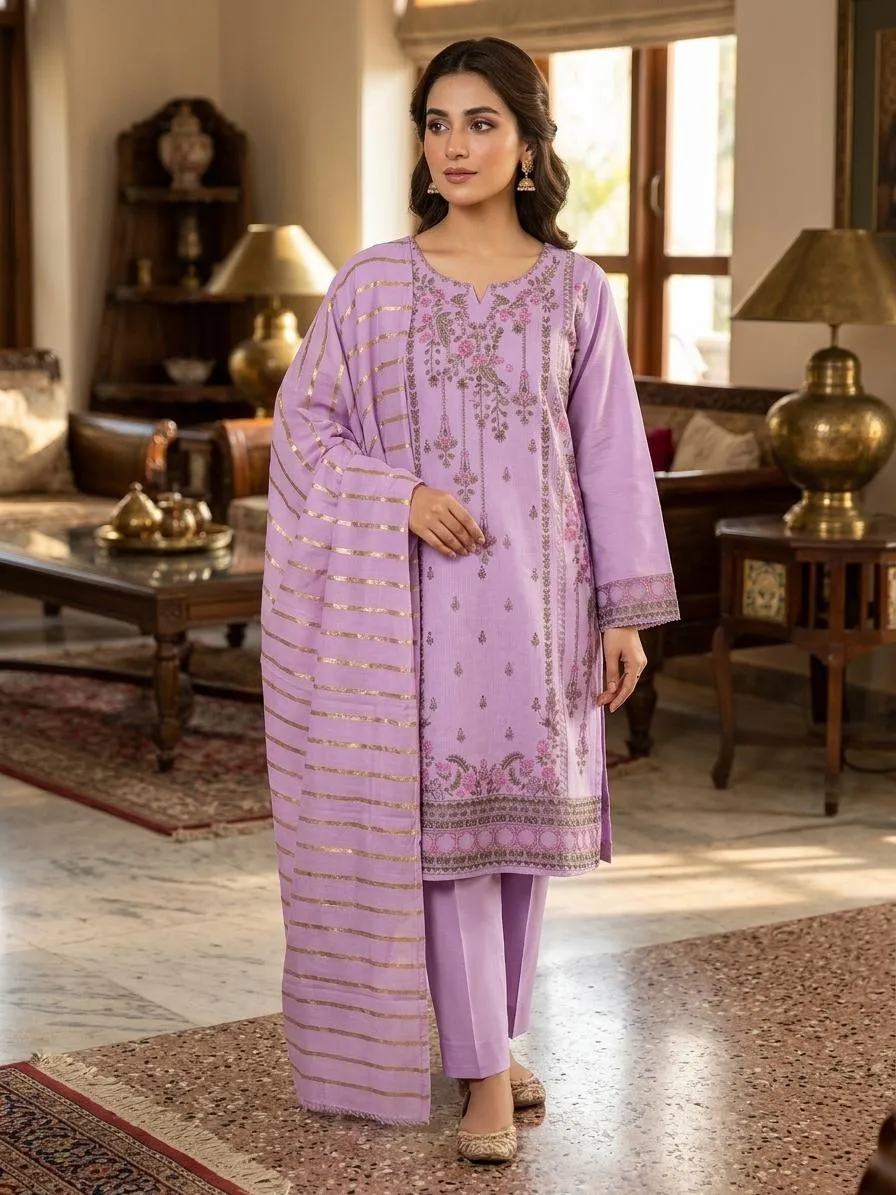 Pakistani Purple Embroidered Kurta Set with Striped Dupatta - Image 2