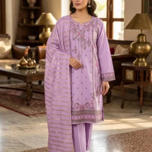 Pakistani Purple Embroidered Kurta Set with Striped Dupatta