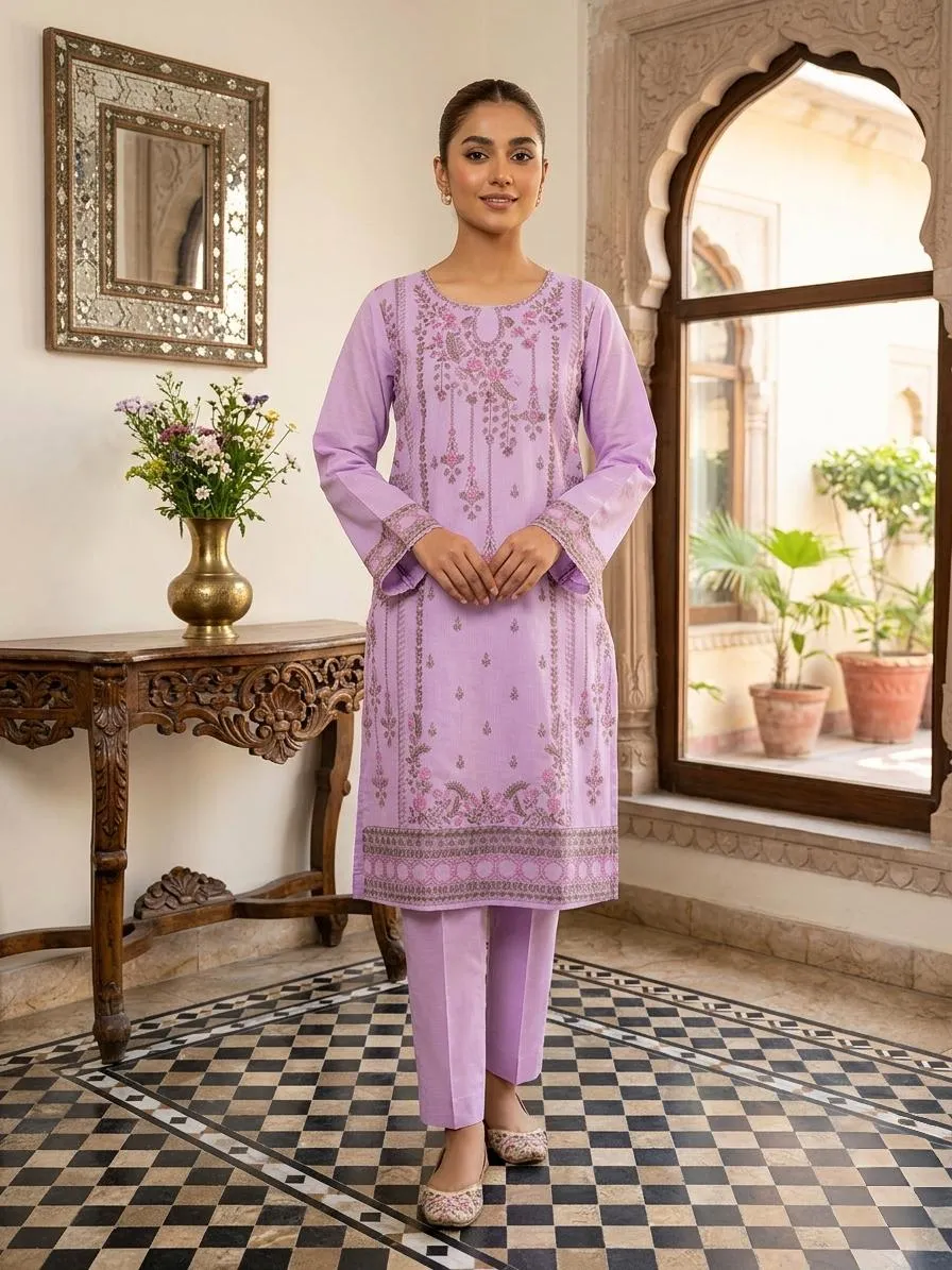 Pakistani Purple Embroidered Kurta Set with Striped Dupatta - Image 3