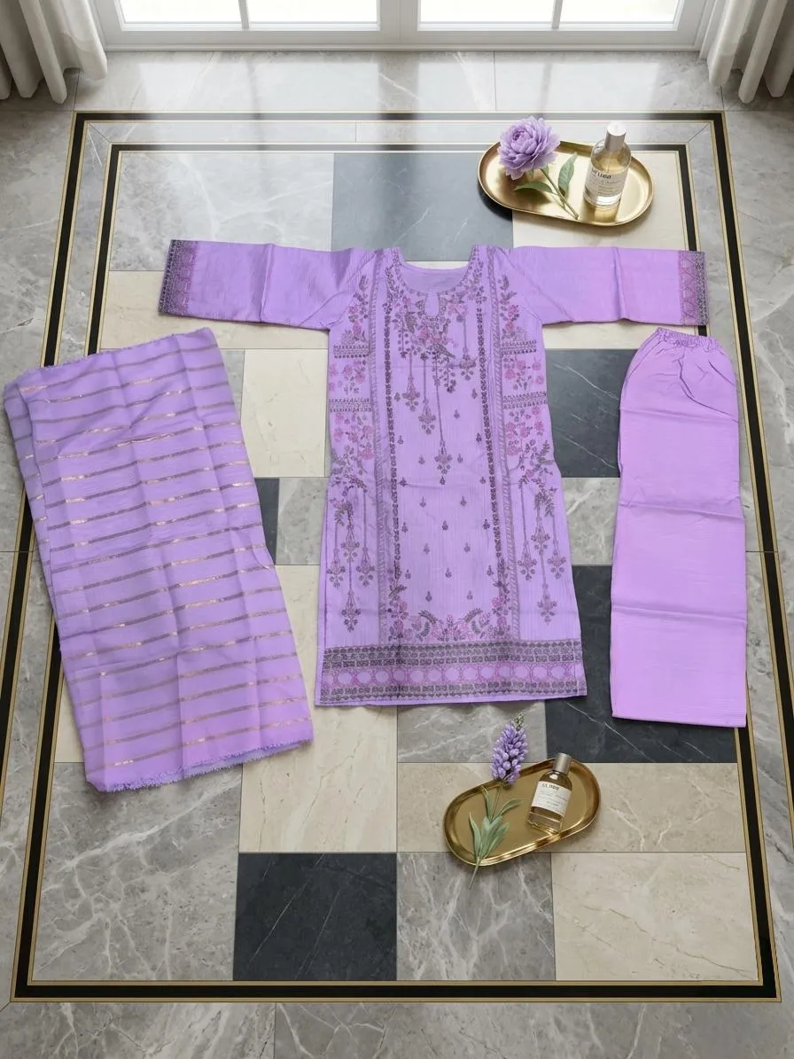 Pakistani Purple Embroidered Kurta Set with Striped Dupatta - Image 4