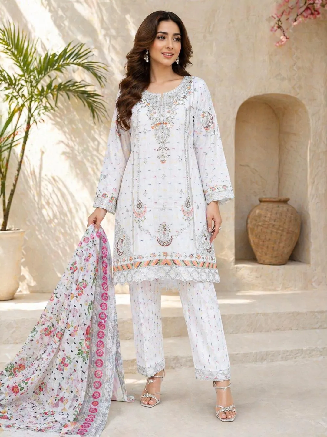 Multicolor Embroidered Cotton Lawn 3Pcs Set