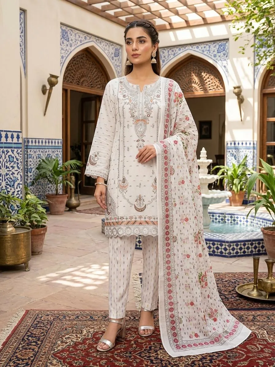 Multicolor Embroidered Cotton Lawn 3Pcs Set - Image 3
