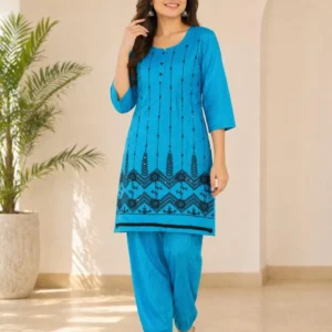 Cotton Lawn Embroidered Shirt & Printed Trouser Set Blue