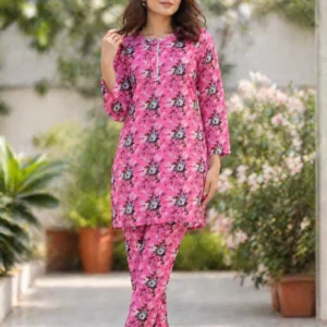 Pink Printed Cotton Lawn 2Pc Kurta Set for Women