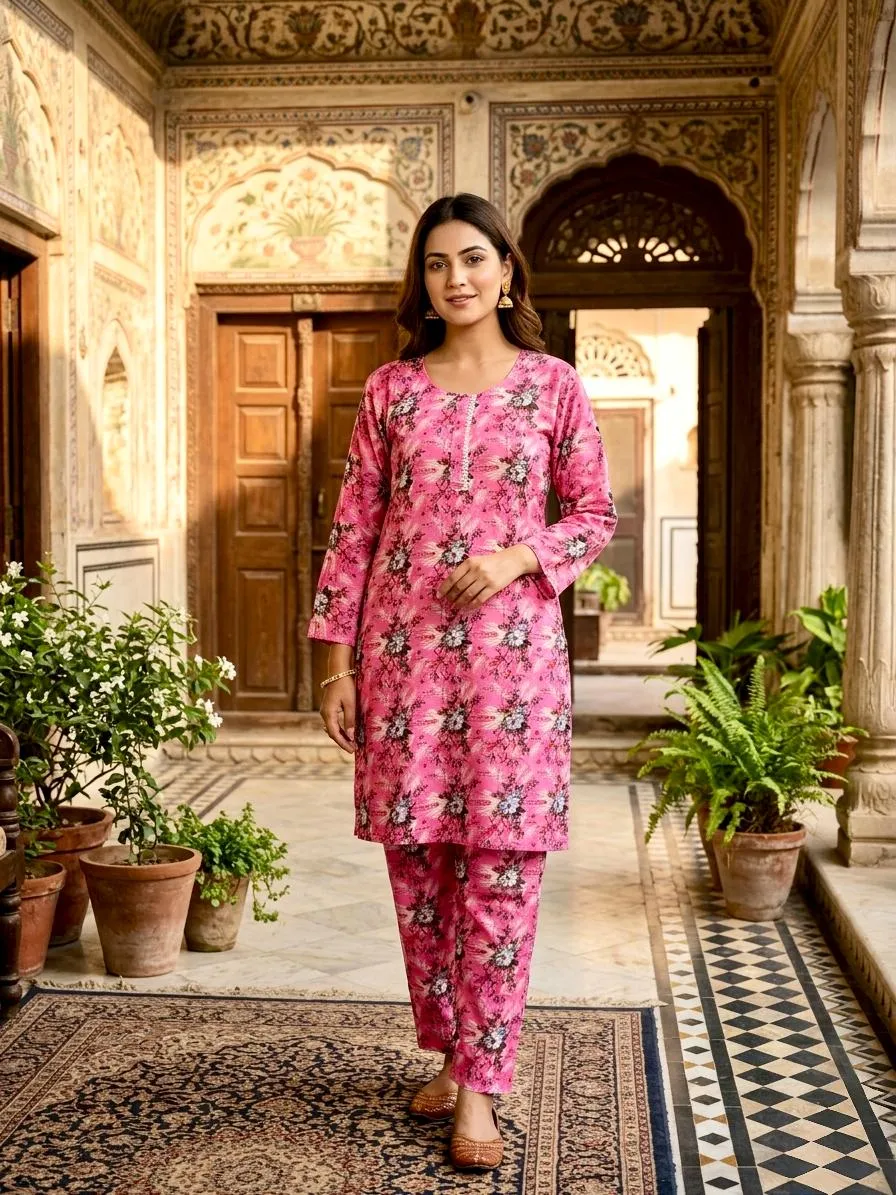 Pink Printed Cotton Lawn 2Pc Kurta Set for Women - Image 4