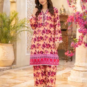 Pakistani Floral Printed Kurta Pajama Set Pink