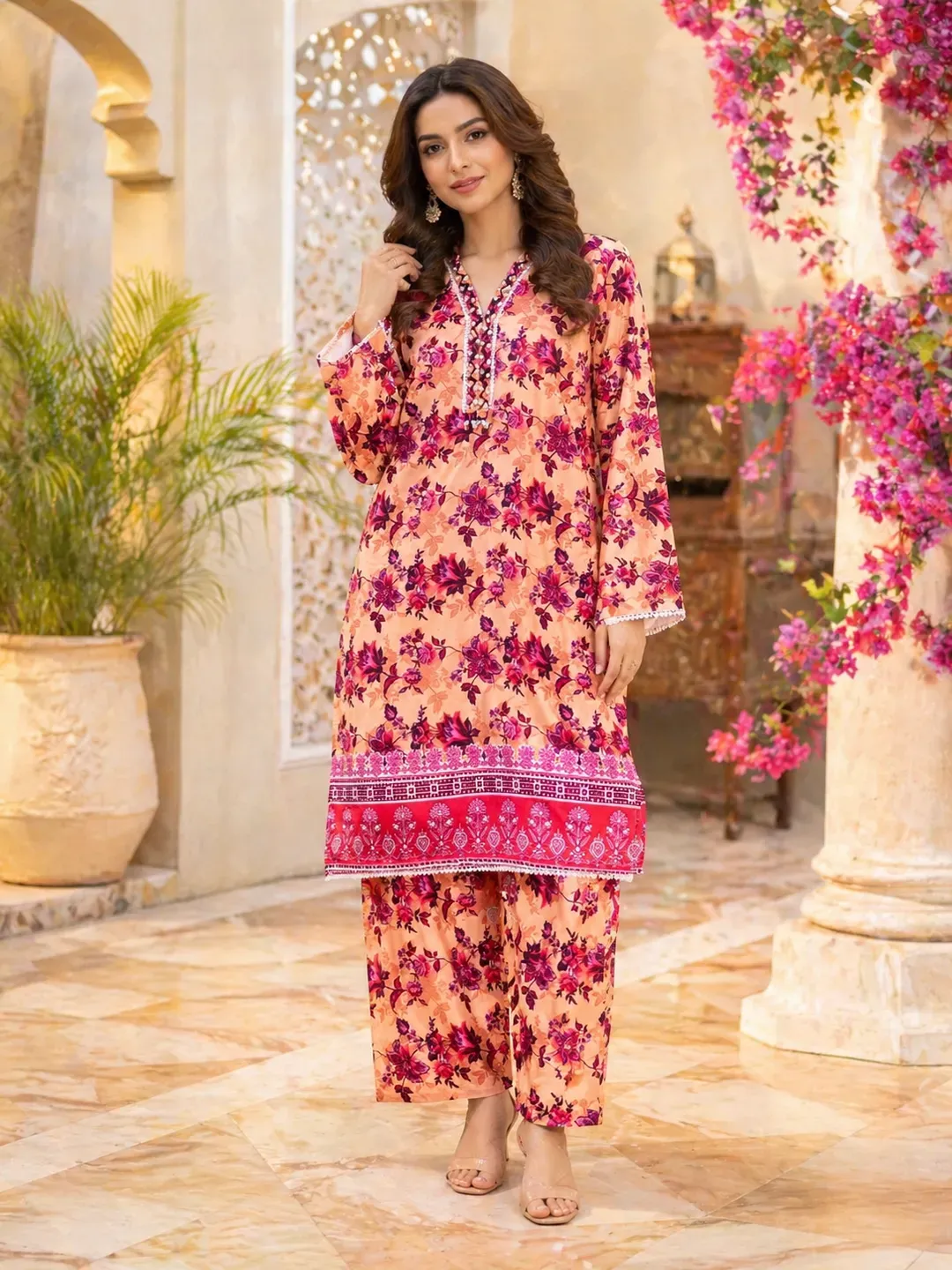 Pakistani Floral Printed Kurta Pajama Set Pink