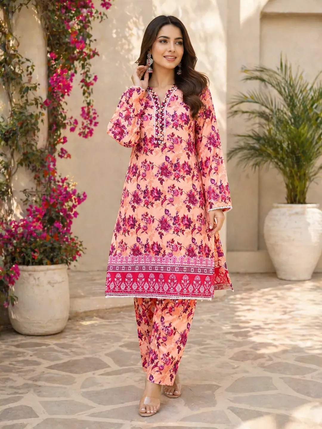 Pakistani Floral Printed Kurta Pajama Set Pink - Image 3