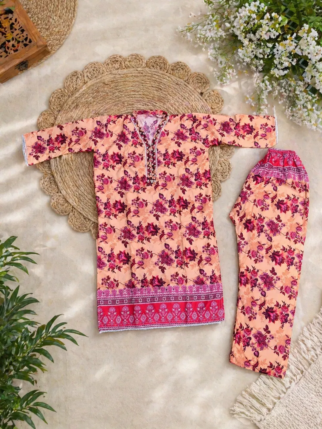 Pakistani Floral Printed Kurta Pajama Set Pink - Image 4