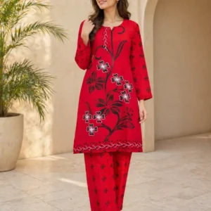 Red Printed Linen 2Pcs Kurta Set for Women