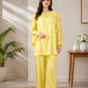 Women Raw Silk Hand Work Suit Yellow 2 Pcs