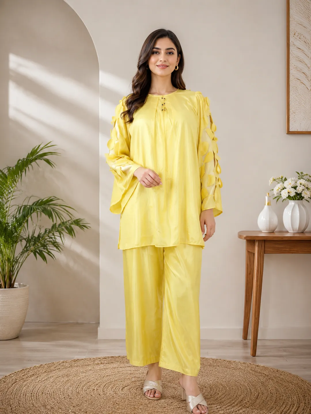 Women Raw Silk Hand Work Suit Yellow 2 Pcs