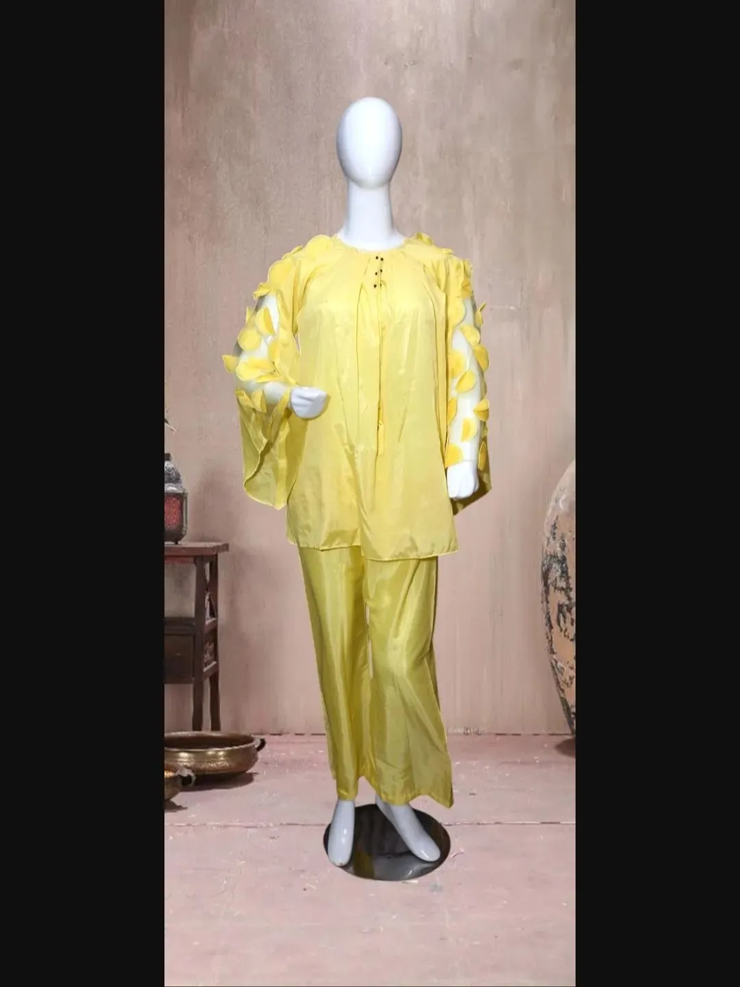 Women Raw Silk Hand Work Suit Yellow 2 Pcs - Image 2