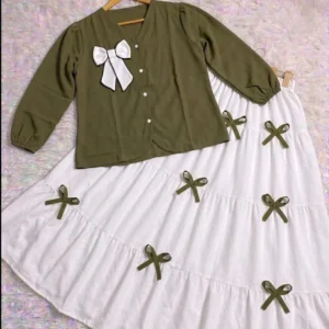 Olive Green Bow Work Georgette 2Pcs Skirt Set