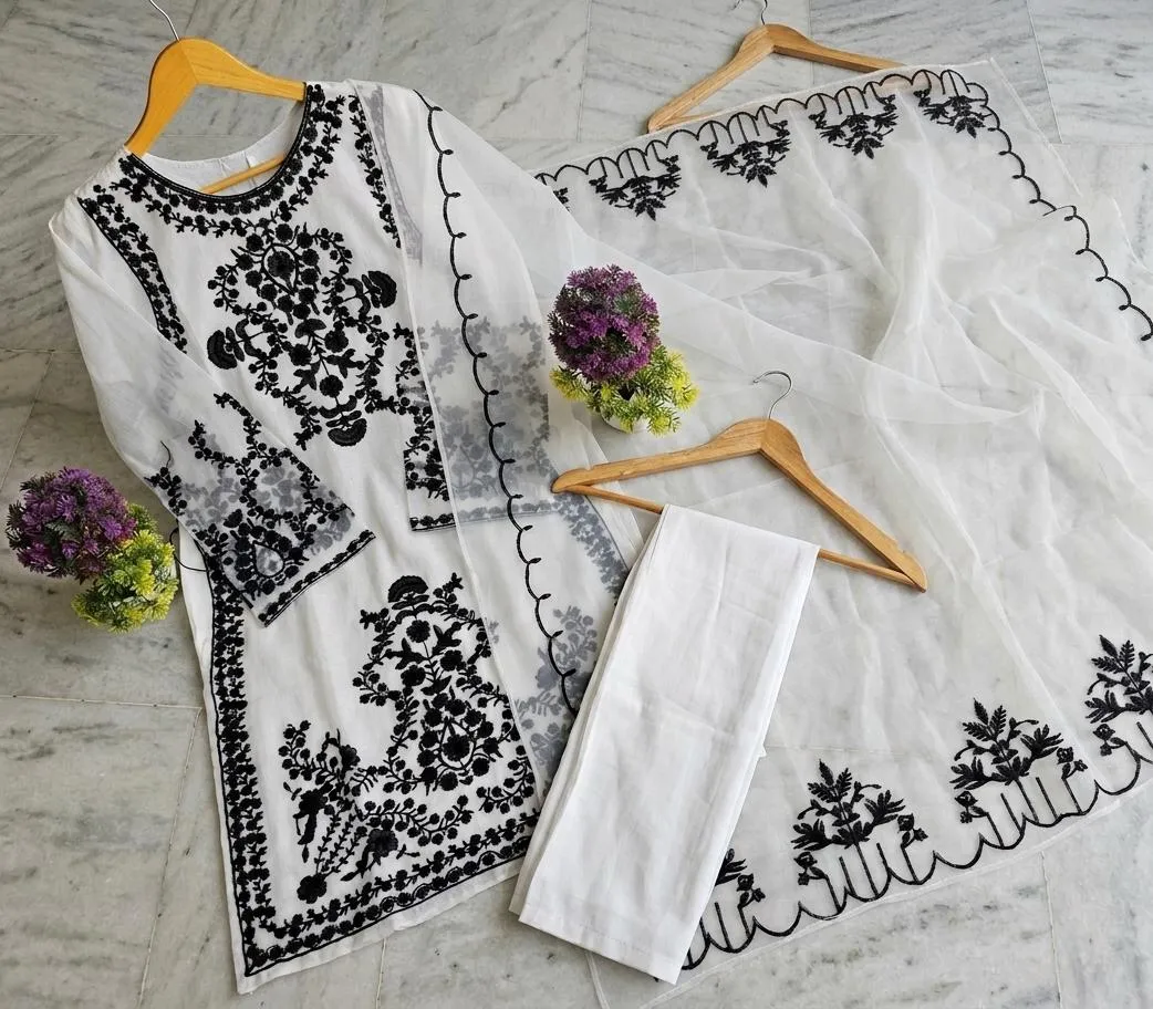 3 Pcs Women's Stitched Organza Embroidered Suit - Image 2