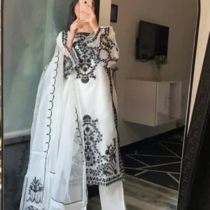 3 Pcs Women's Stitched Organza Embroidered Suit