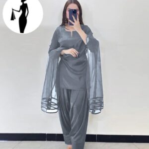 Grey 3Pcs Women's Stitched Plain Suit with Organza Dupatta