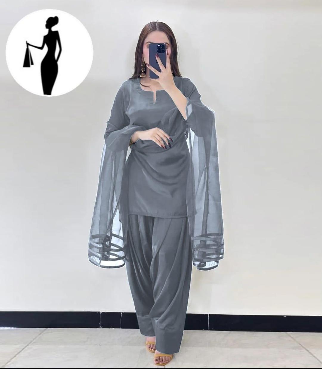 Grey 3Pcs Women's Stitched Plain Suit with Organza Dupatta