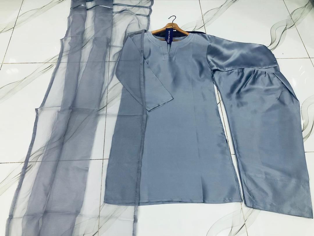 Grey 3Pcs Women's Stitched Plain Suit with Organza Dupatta - Image 4