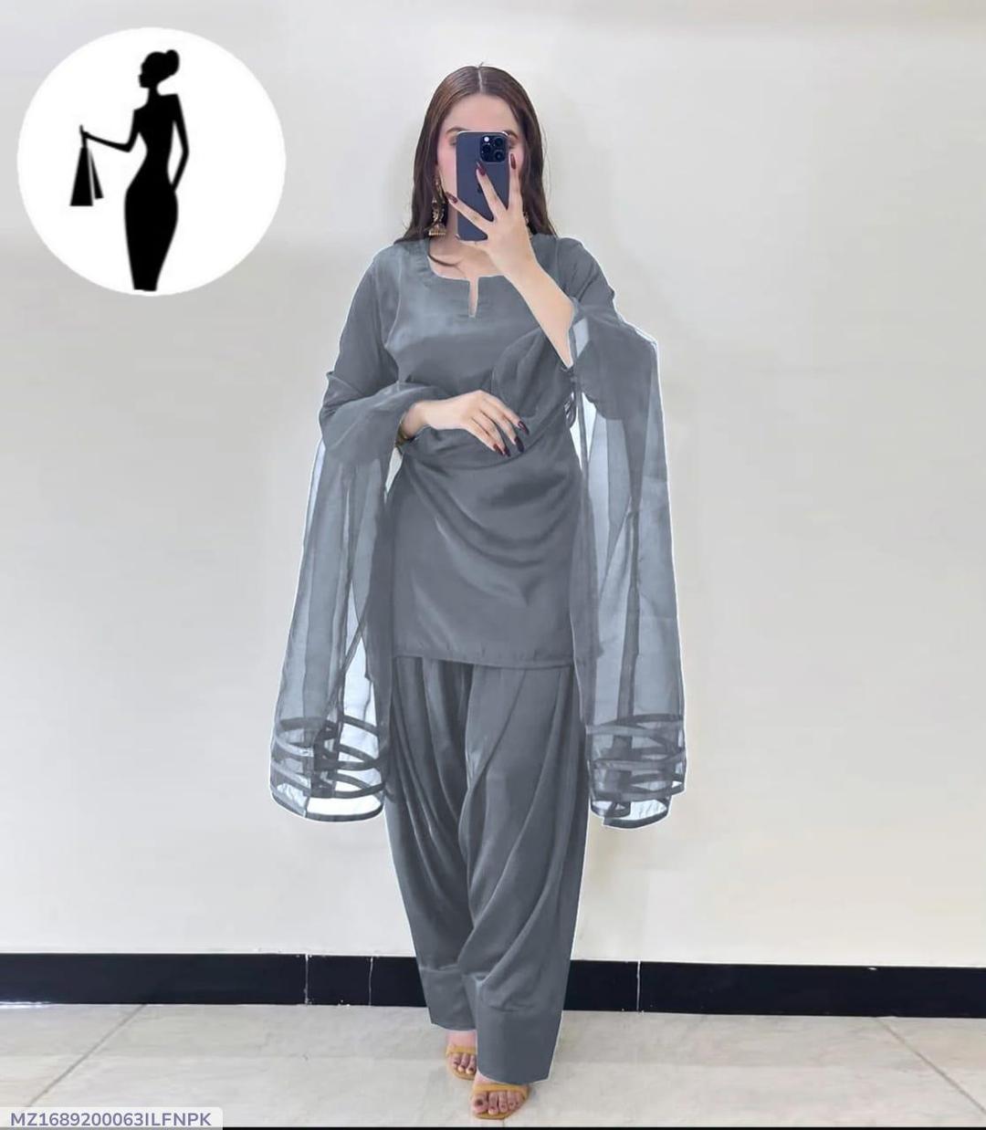 Grey 3Pcs Women's Stitched Plain Suit with Organza Dupatta - Image 2