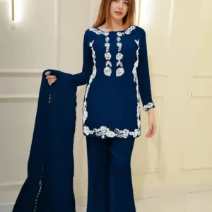 Neck Embroidered Shirt With Lace Dupatta 3Pcs Navy