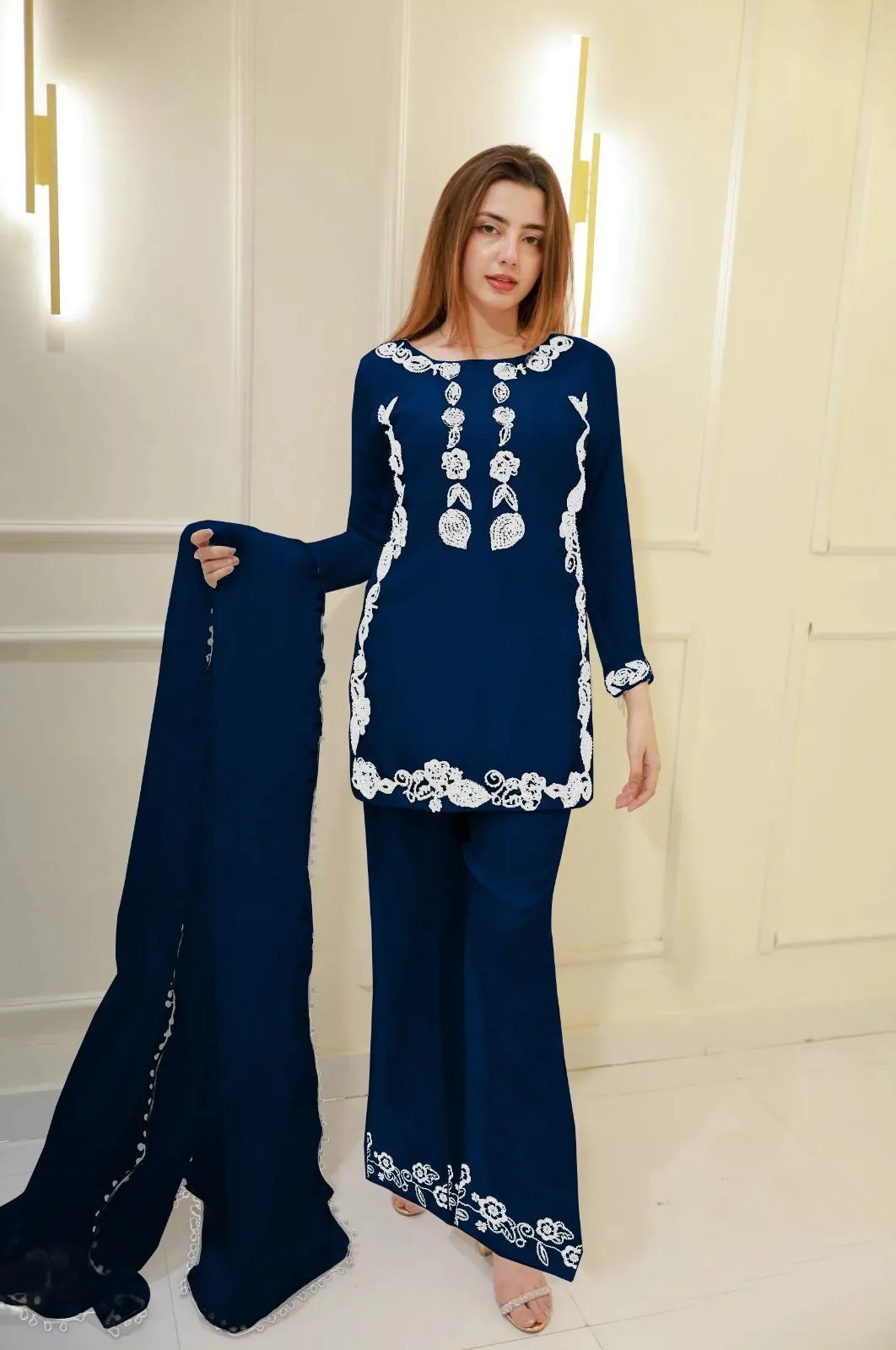 Neck Embroidered Shirt With Lace Dupatta 3Pcs Navy - Image 5