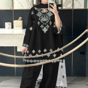 Black Embroidered 3Pc Kurta Set with Lace Dupatta