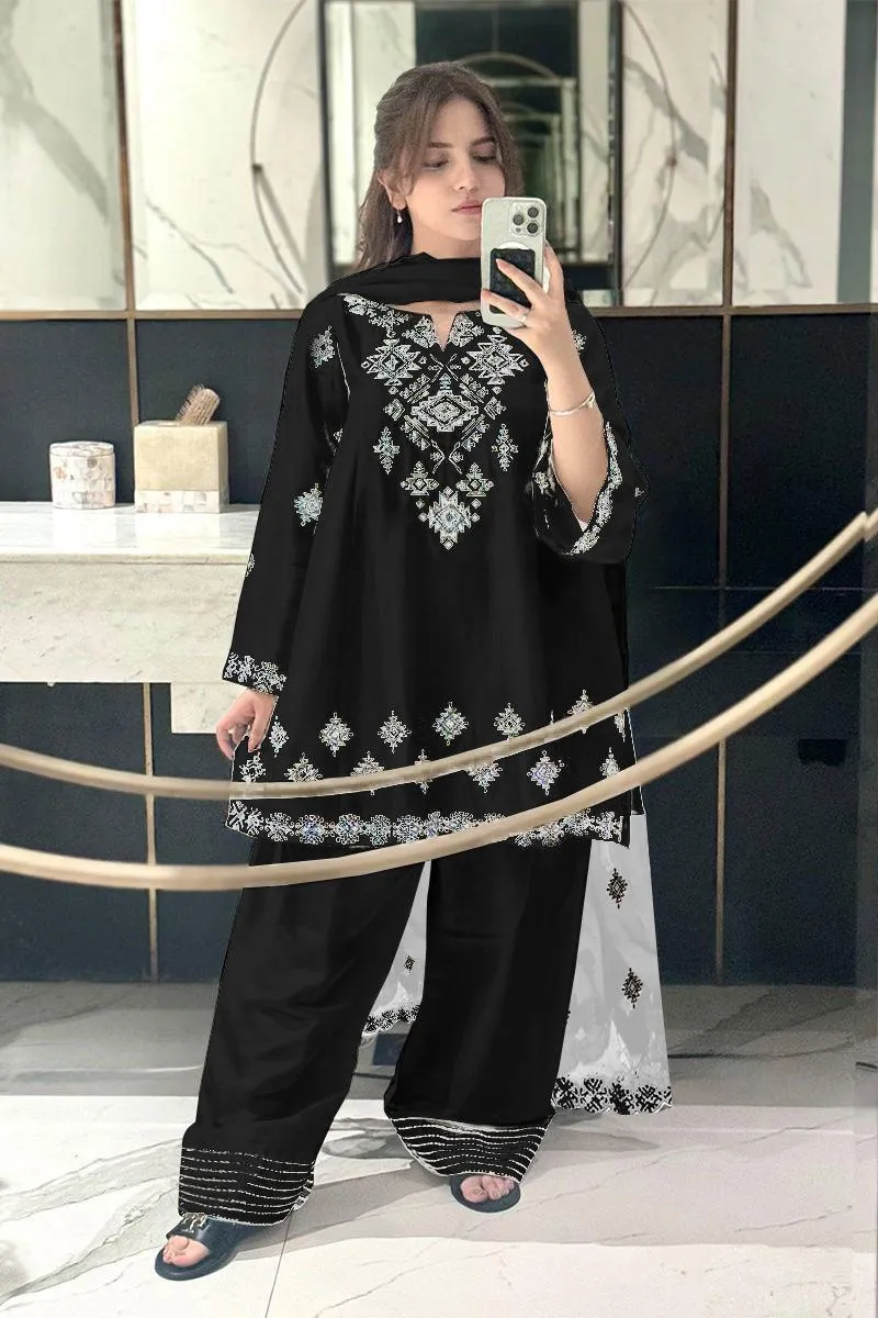 Black Embroidered 3Pc Kurta Set with Lace Dupatta - Image 5