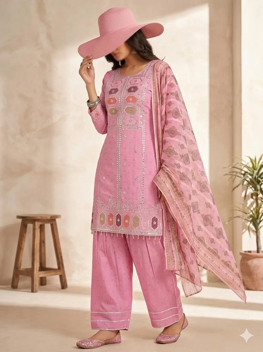 Pink 3-Piece Eid Embroidered Kurta Set with Dupatta