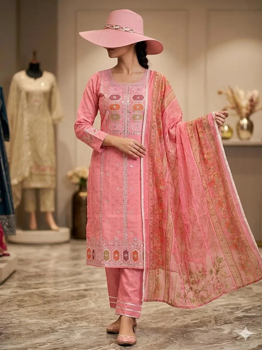 Pink 3-Piece Eid Embroidered Kurta Set with Dupatta - Image 3