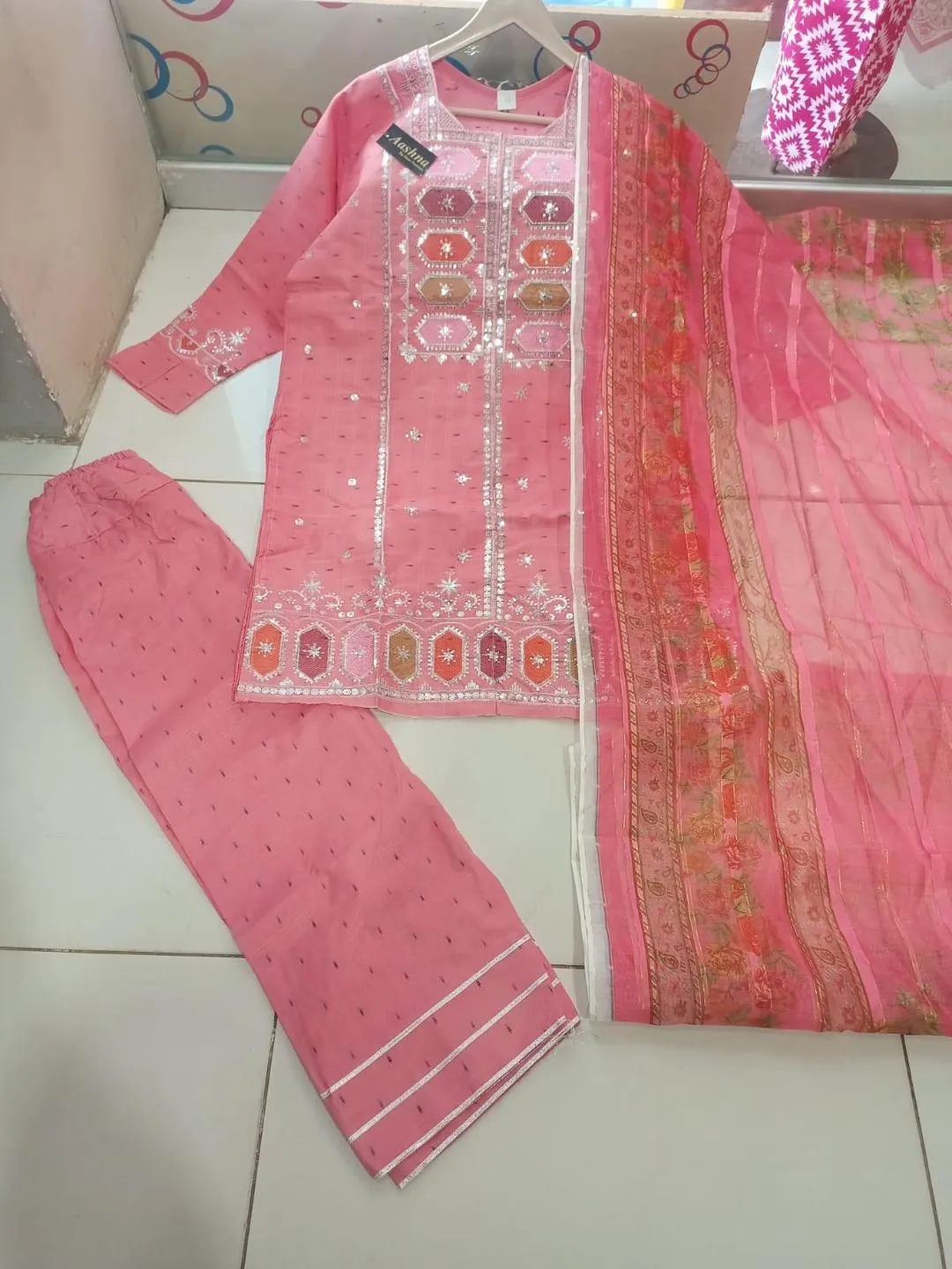Pink 3-Piece Eid Embroidered Kurta Set with Dupatta - Image 4