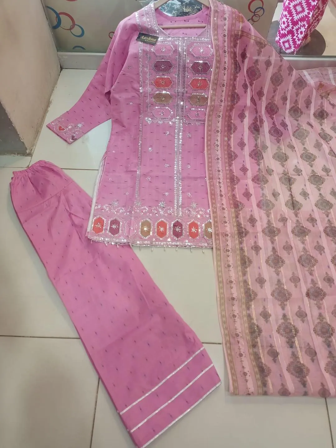 Pink 3-Piece Eid Embroidered Kurta Set with Dupatta - Image 5