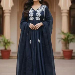 Blue Silk Lace Maxi Set with Trouser & Dupatta