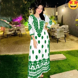 Pakistani Green White Embroidered Kurta Set Women 2 Pcs Linen Cotton