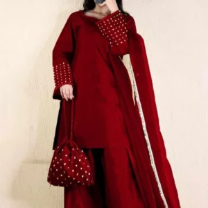 Maroon 3-Piece Shamoz Silk Eid Suit with Pearl Embellishments