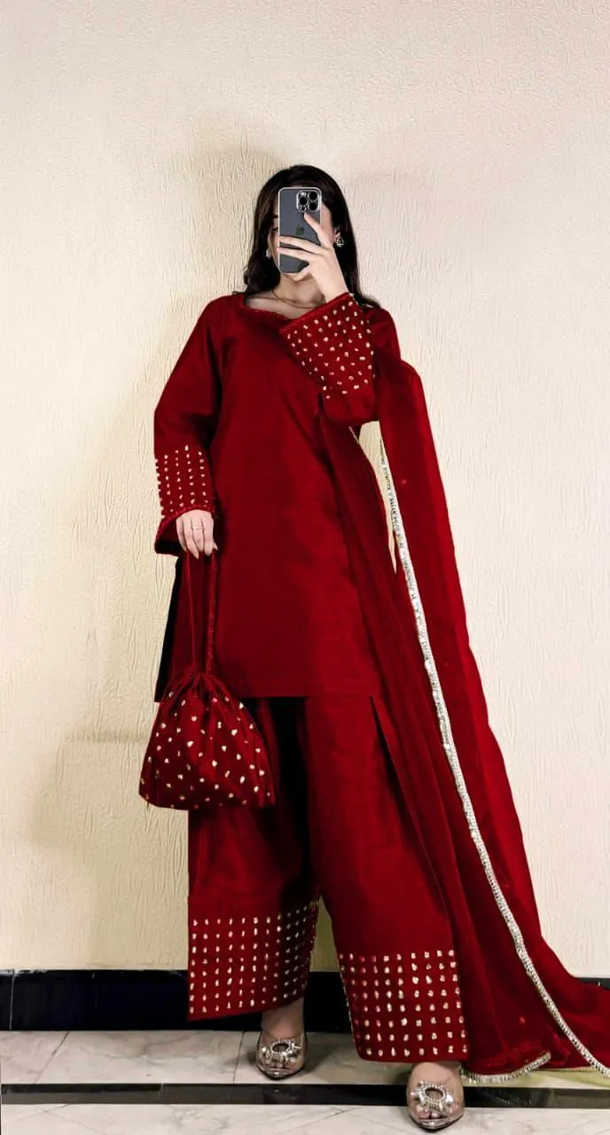 Maroon 3-Piece Shamoz Silk Eid Suit with Pearl Embellishments
