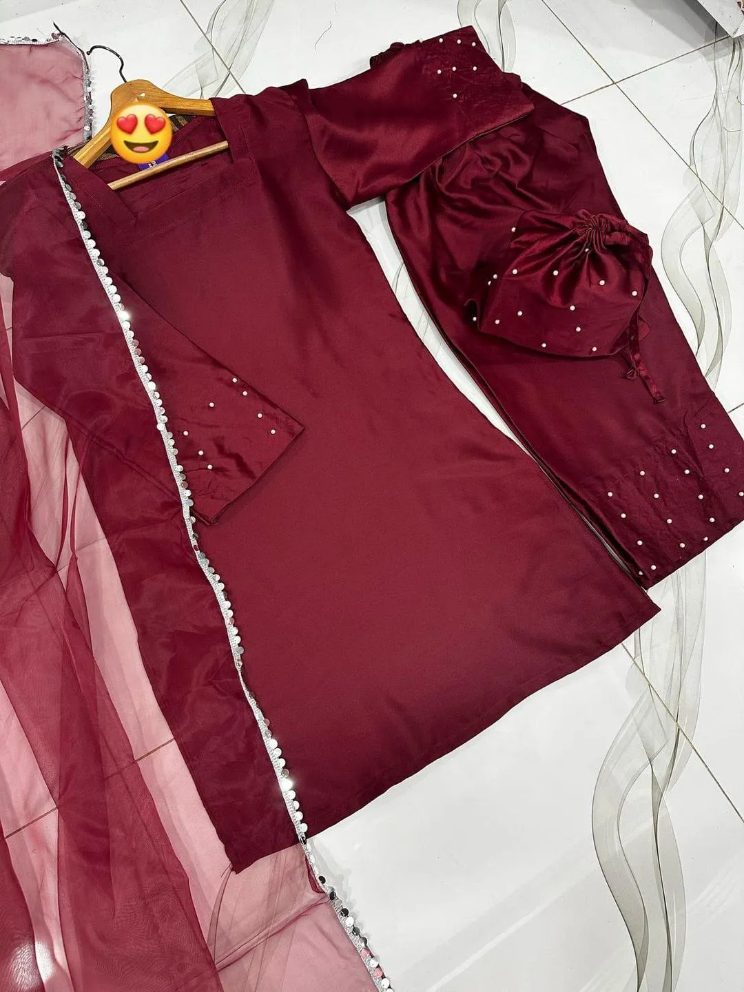 Maroon 3-Piece Shamoz Silk Eid Suit with Pearl Embellishments - Image 3