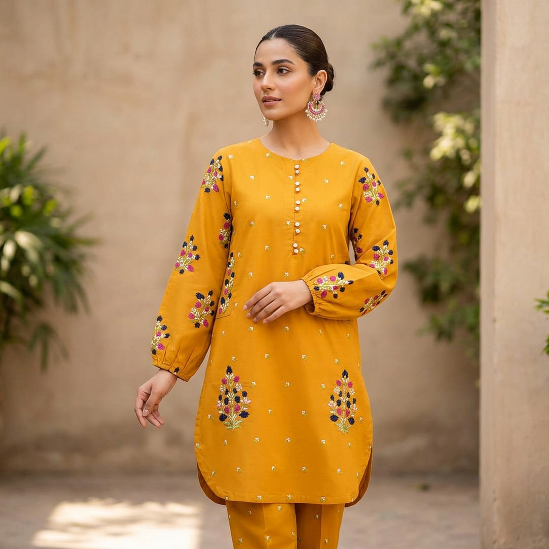 Yellow Embroidered 2-Piece Cotton Set for Women - Image 2