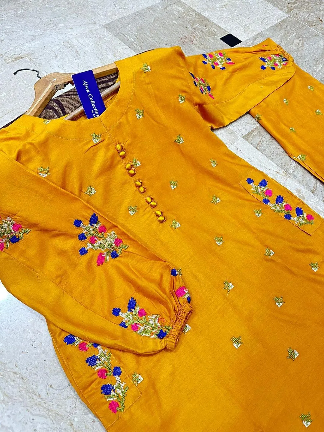 Yellow Embroidered 2-Piece Cotton Set for Women - Image 3