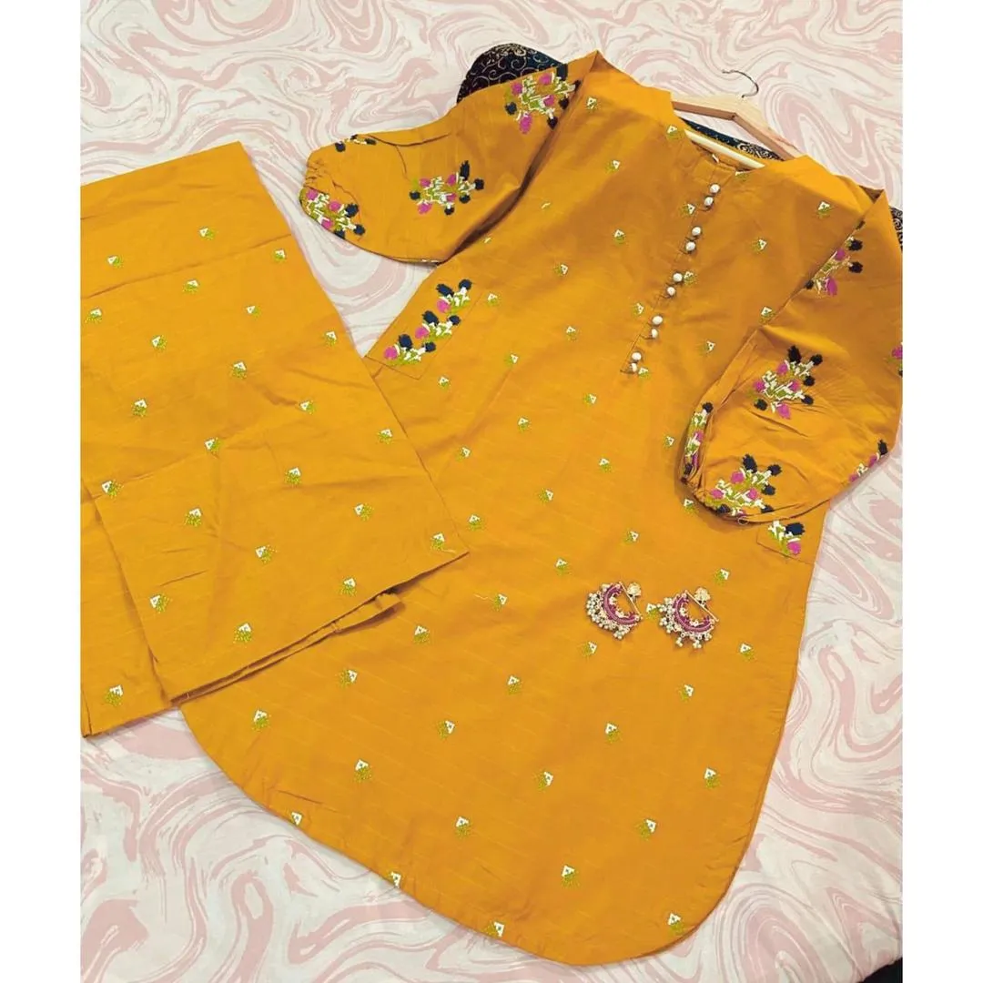 Yellow Embroidered 2-Piece Cotton Set for Women - Image 5