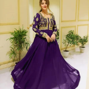 Purple Embroidered Chiffon Maxi Set with Trouser