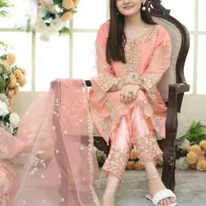 Peach Organza 3-Piece Eid Wedding Suit with Embroidery