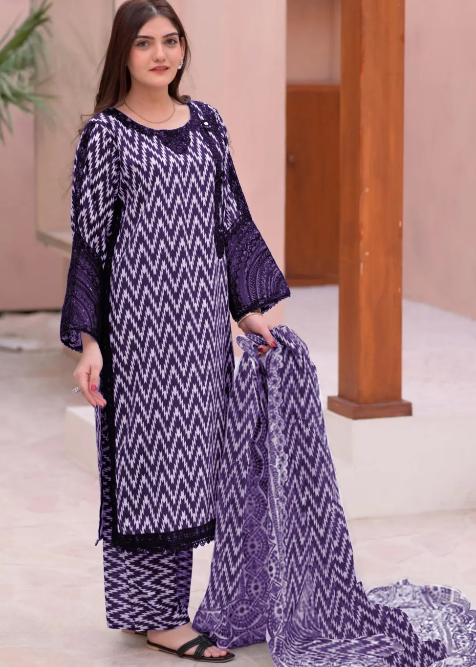 3 Pcs Women's Stitched Lawn Printed Suit - Image 4