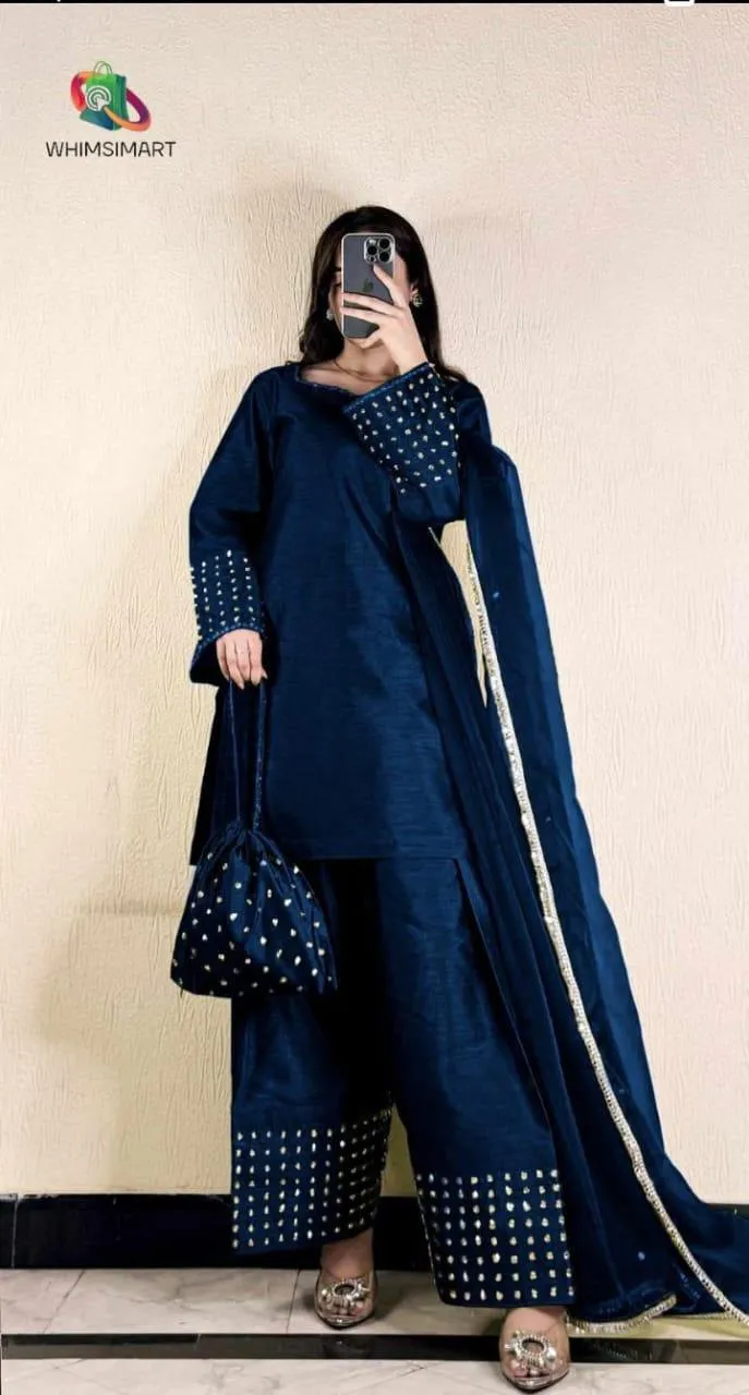 Blue Shamoz Silk Farshi Shalwar Kameez Set Medium Eid Wedding