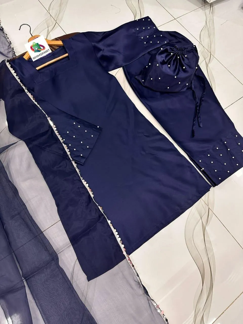 Blue Shamoz Silk Farshi Shalwar Kameez Set Medium Eid Wedding - Image 3