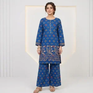 Blue Printed Lawn Kurta Pajama Set for Women