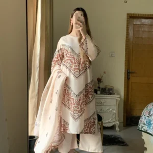 Pakistani Embroidered Kurta Set Cream Floral Long Sleeve