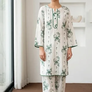 White Printed Arabic Lawn Kurta Set for Women 2 Pcs