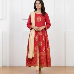 Red Block Printed Arabic Lawn Maxi Set for Women