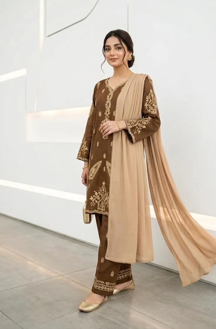 Brown Embroidered 3-Piece Cotton Lawn Suit for Women - Image 2